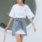 Set: Embroidered Short-sleeve T-shirt + Plaid A-line Skirt
