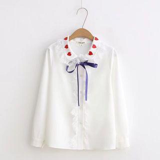 Heart Embroidered Lace Trim Long-sleeve Shirt