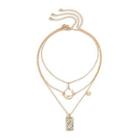 Set Of 3: Tag / Moon / Lettering Pendant Alloy Necklace Gold - One Size
