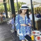 Patterned Elbow-sleeve Shift Dress Blue - One Size
