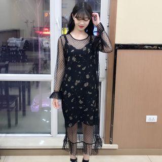 Set: Polka Dot Sheer Long-sleeve Dress + Floral Print Sleeveless Dress