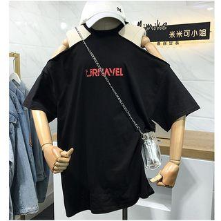 Elbow-sleeve Cold-shoulder Lettering T-shirt Black - One Size