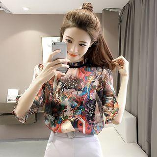 Set: Elbow-sleeve Print Top + Camisole Top