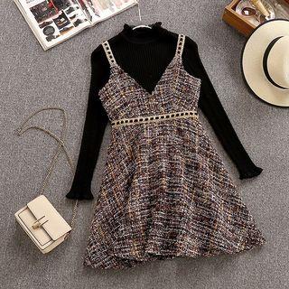 Set: Mock-neck Long-sleeve Knit Top + Spaghetti Strap A-line Tweed Dress