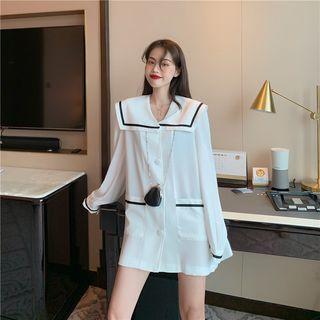 Long-sleeve Sailor Collar Contrast Trim Shirt Dress