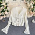 Plain V-neck Split Long-sleeve Knit Top