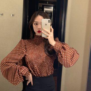 Mock Neck Lantern-sleeve Polka Dot Blouse As Shown In Figure - One Size