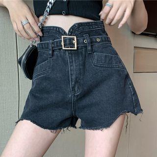 High Waist Belted Distressed Denim Shorts
