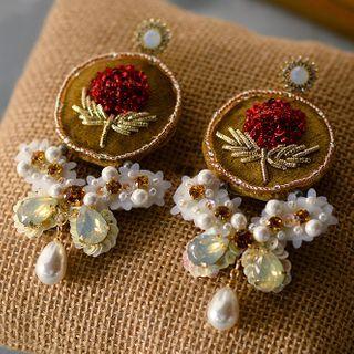 Wedding Embroidered Flower Faux Pearl Dangle Earring 1 Pair - Earrings - Gold - One Size