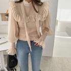Tie-neck Knit-panel Sheer Blouse