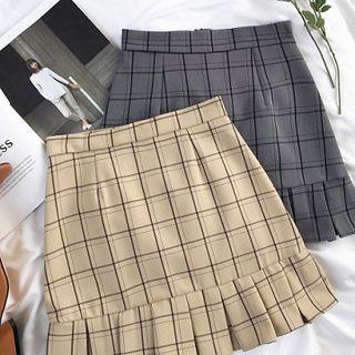 Check High-waist Ruffled A-line Skirt