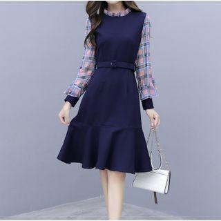 Long-sleeve Plaid Panel Tie-waist Dress