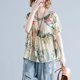 Print Short-sleeve Round-neck T Shirt Almond - Red Flower - L