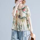 Print Short-sleeve Round-neck T Shirt Almond - Red Flower - L