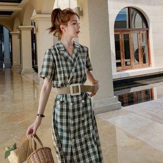 Short-sleeve Plaid Double-breasted Midi A-line Dress