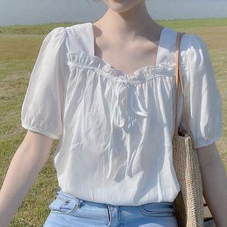 Plain Short-sleeve Ruffle Trim Square-neck Blouse
