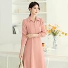 Belted Button-trim Long Flare Dress