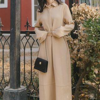 Belted Long-sleeve Midi Shirt Dress
