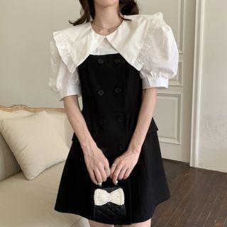 Mock Two-piece Puff-sleeve Peter Pan-collar Double-breasted Mini A-line Dress