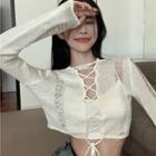 Lace Up Knit Crop Top White - One Size