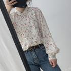 Floral Chiffon Long-sleeve Stand-collar Shirt Off-white - One Size
