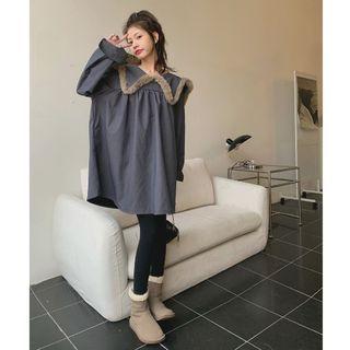 Fluffy Trim Collar Mini Shift Dress Gray - One Size
