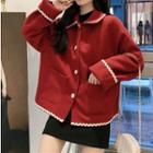 Furry Collar Embroidered Trim Buttoned Jacket Red - One Size