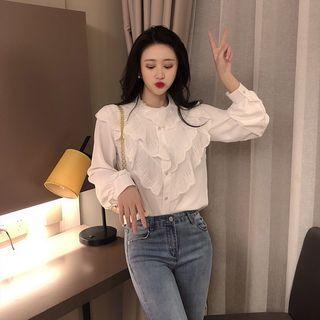 Lace Panel Ruffle-trim Long-sleeve Top