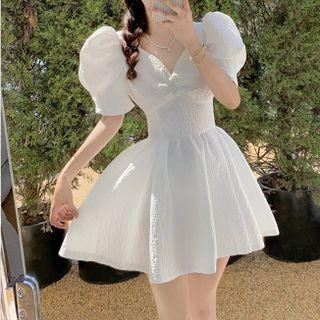 Puff-sleeve V-neck Shirred Mini A-line Dress