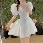 Puff-sleeve V-neck Shirred Mini A-line Dress