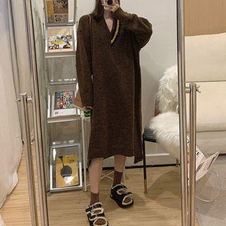 V-neck Sweater Dress Green - One Size