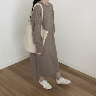 Long Sleeve Ribbed Knit Dress Brown - One Size