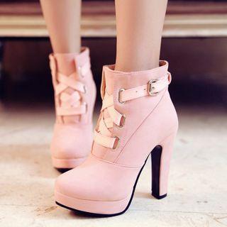 Faux Leather Lace Up Heeled Ankle Boots
