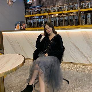 Cardigan / Midi Mesh Skirt