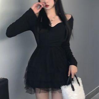 Long-sleeve Square Neck Mesh Panel Mini A-line Dress