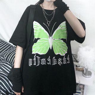 Butterfly Print Elbow-sleeve T-shirt