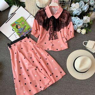 Set: Short-sleeve Dotted Blouse + Midi Dotted A-line Skirt