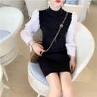 Long-sleeve Two-tone Knit Shirt Dress Black & White - One Size