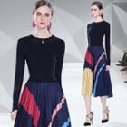 Long-sleeve Color Block Knit Midi A-line Dress