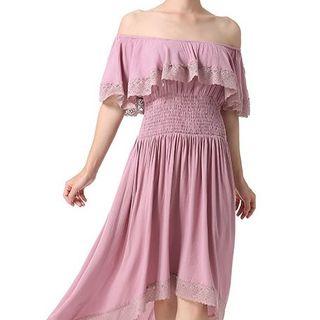 Off-shoulder Lace Trim Short-sleeve Dip-back A-line Dress