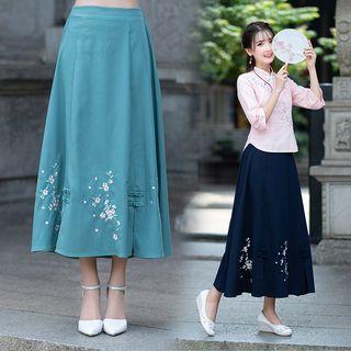Midi A-line Flower Embroidered Skirt