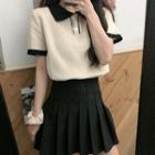 Short-sleeve Two-tone Knit Polo Shirt / Mini Pleated Skirt / Set
