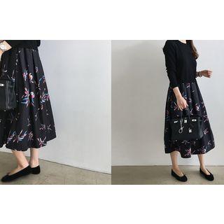 Long-sleeve Floral Mock Two-piece Midi Dress