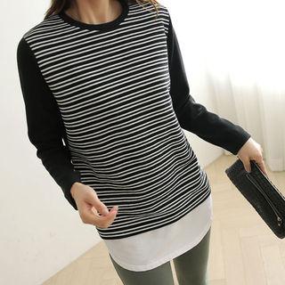 Stripe-front Layered-hem T-shirt