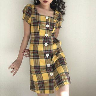Plaid Short-sleeve Button-up A-line Mini Dress