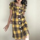 Plaid Short-sleeve Button-up A-line Mini Dress