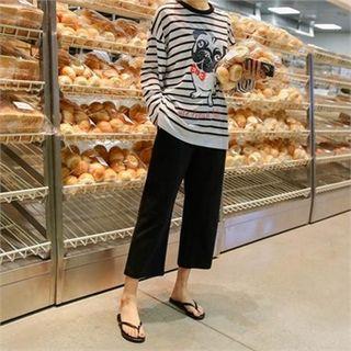 Set: Dog Print Stripe T-shirt + Band-waist Pants