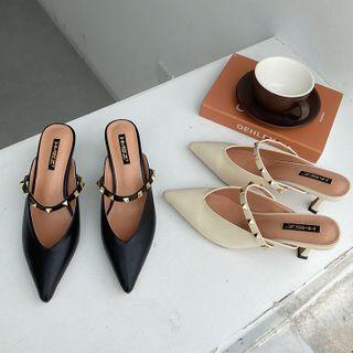 Pointy Studded Strap Kitten Heel Mules