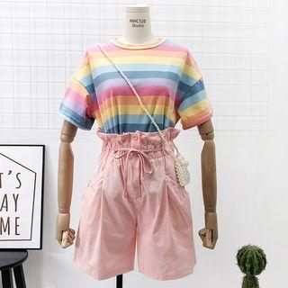 Set: Rainbow-stripe T-shirt + Paperbag High-waist Plain Shorts