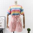 Set: Rainbow-stripe T-shirt + Paperbag High-waist Plain Shorts